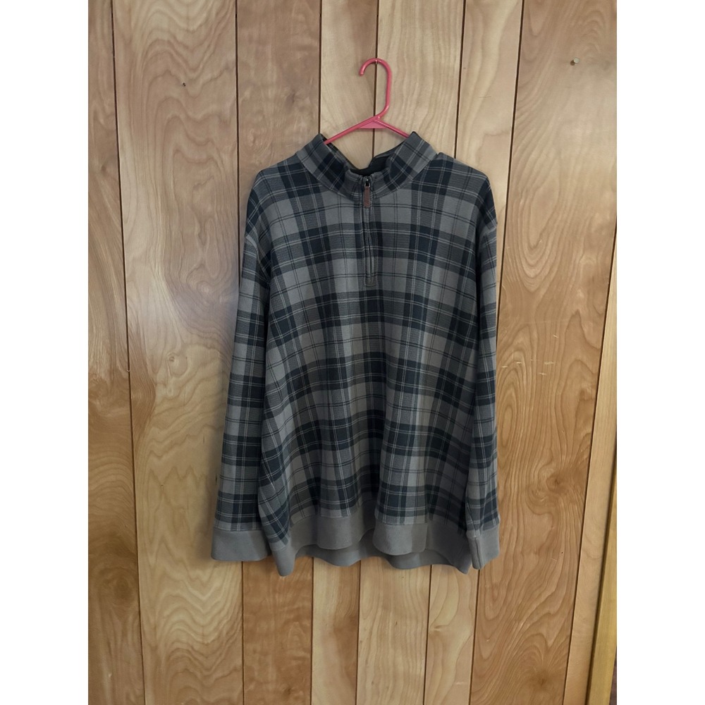Lands End Mens XXL Grey Black Plaid 1/4 Zip Pullover Mock Neck 100% Cotton Sweat